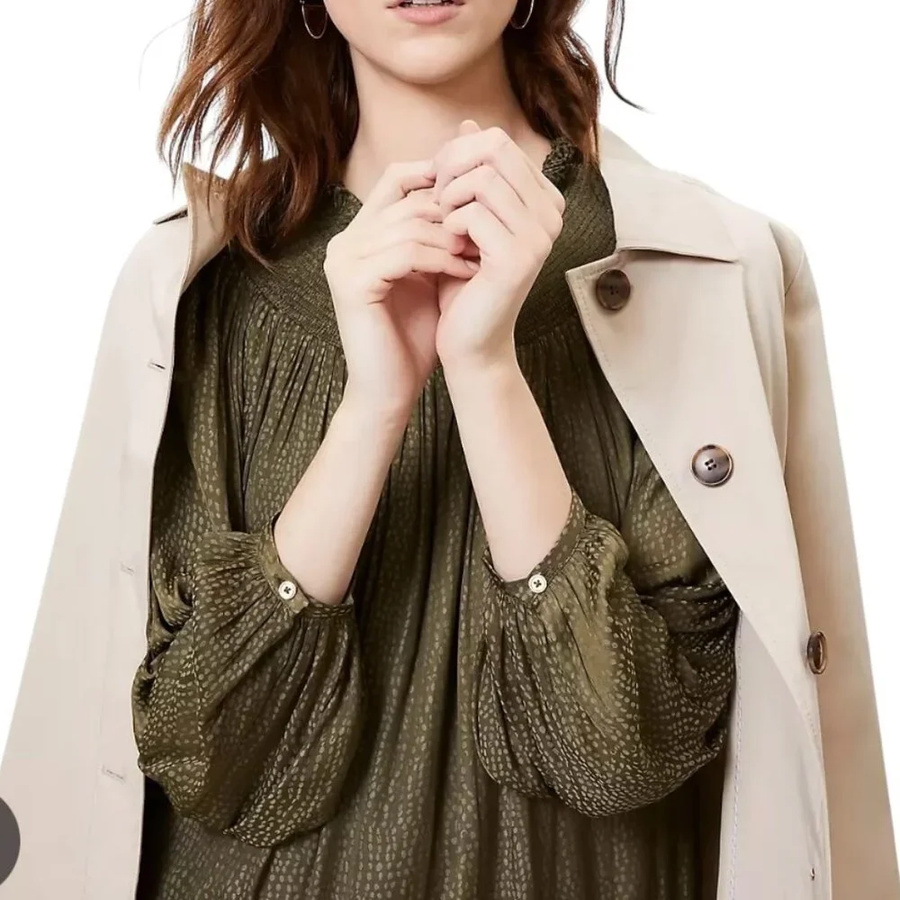 LOFT Green Tiered Smocked Sundress with Long Bishop Sleeves - Picture 2 of 4